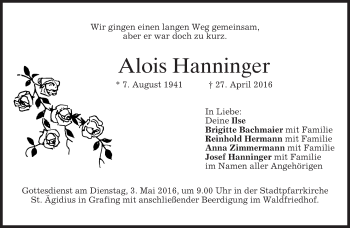 Traueranzeige von Alois Hanninger