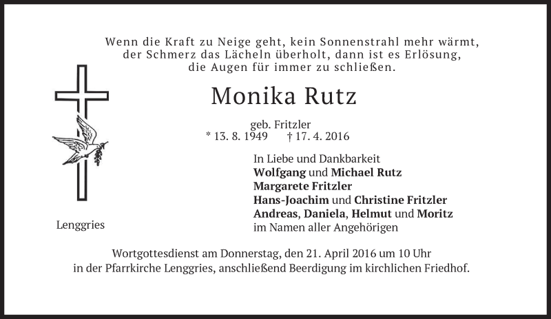  Traueranzeige für Monika Rutz vom 20.04.2016 aus merkurtz