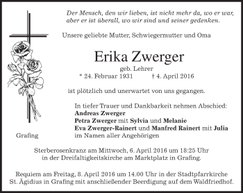 Traueranzeige von Erika Zwerger