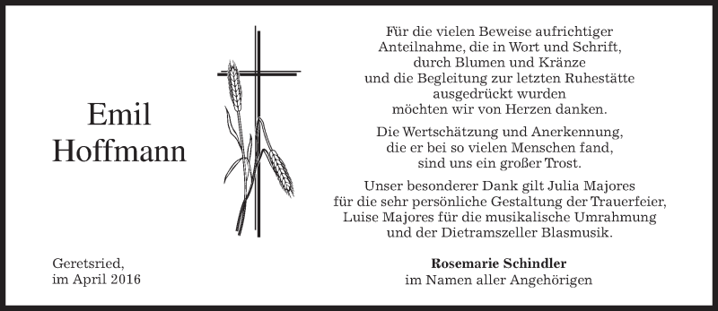  Traueranzeige für Emil Hoffmann vom 16.04.2016 aus merkurtz