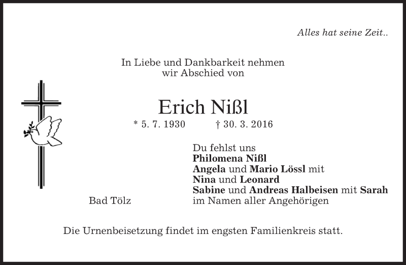  Traueranzeige für Erich Nißl vom 02.04.2016 aus merkurtz