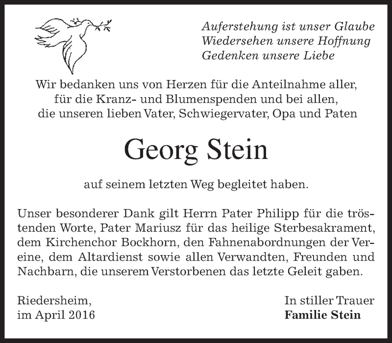  Traueranzeige für Georg Stein vom 21.04.2016 aus merkurtz