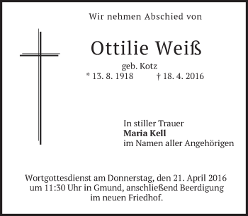 Traueranzeige von Ottilie Weiß von merkurtz