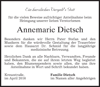 Traueranzeige von Annemarie Dietsch von merkurtz