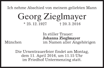 Traueranzeige von Georg Zieglmayer von merkurtz