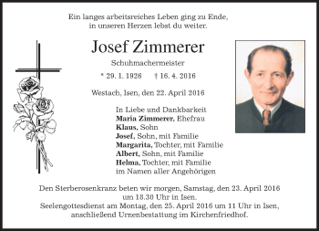 Traueranzeige von Josef Zimmerer von merkurtz