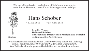 Traueranzeige von Hans Schober von merkurtz