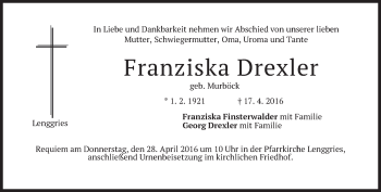 Traueranzeige von Franziska Drexler von merkurtz