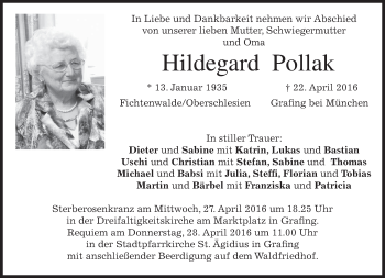 Traueranzeige von Hildegard Pollak