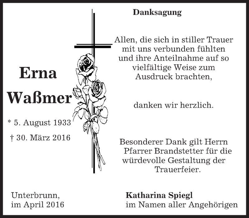 Traueranzeige für Erna Waßmer vom 30.04.2016 aus merkurtz