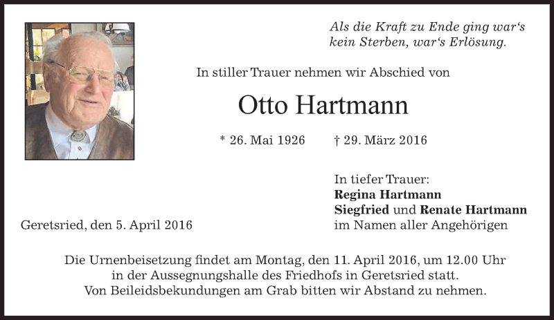  Traueranzeige für Otto Hartmann vom 06.04.2016 aus merkurtz