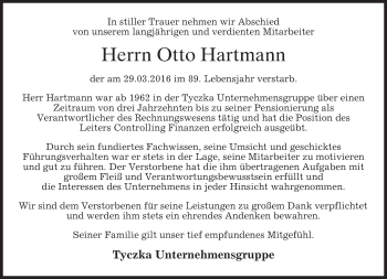 Traueranzeige von Otto Hartmann von merkurtz