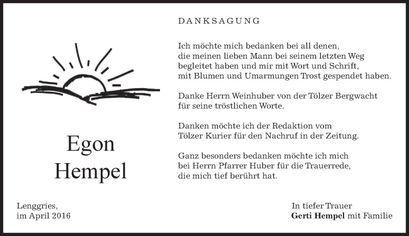  Traueranzeige für Egon Hempel vom 09.04.2016 aus merkurtz