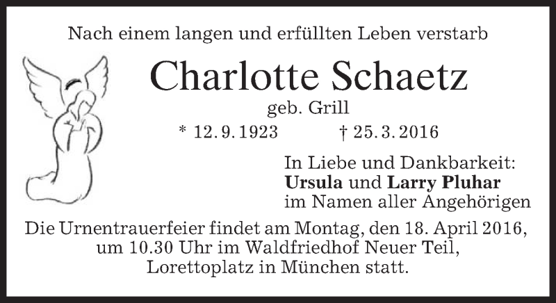  Traueranzeige für Charlotte Schaetz vom 16.04.2016 aus merkurtz
