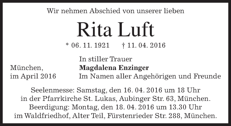  Traueranzeige für Rita Luft vom 16.04.2016 aus merkurtz