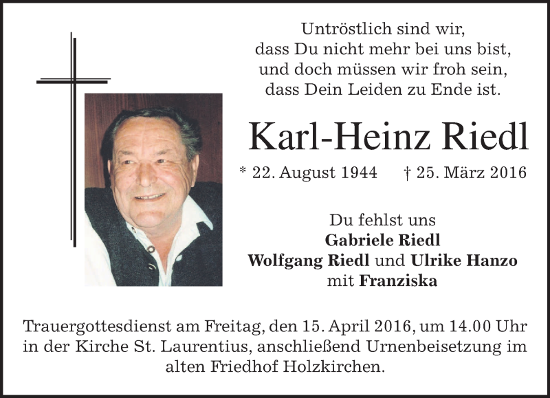 Traueranzeigen von Karl-Heinz Riedl | trauer.merkur.de