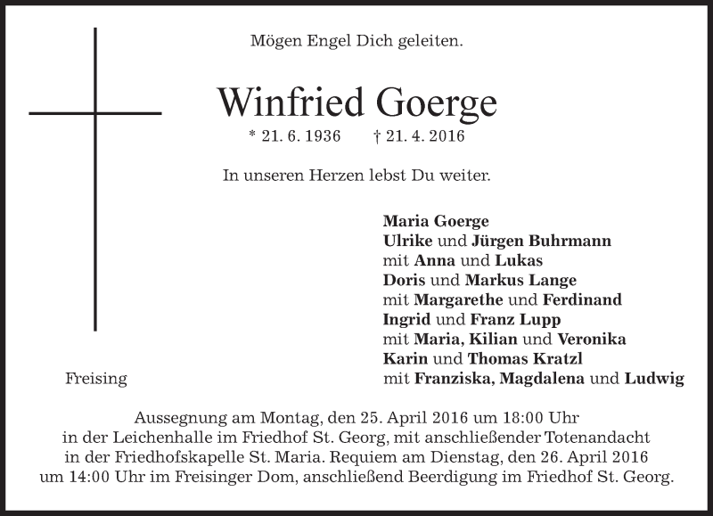  Traueranzeige für Winfried Goerge vom 23.04.2016 aus merkurtz