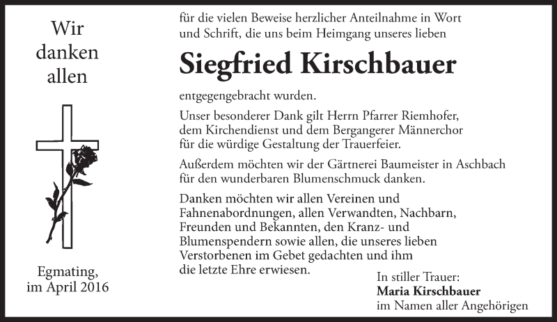  Traueranzeige für Siegfried Kirschbauer vom 23.04.2016 aus merkurtz