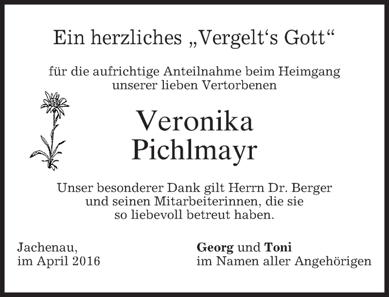  Traueranzeige für Veronika Pichlmayr vom 09.04.2016 aus merkurtz