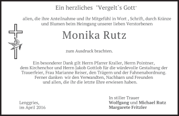 Traueranzeige von Monika Rutz von merkurtz