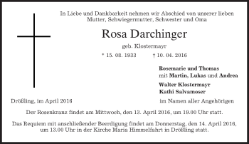 Traueranzeige von Rosa Darchinger