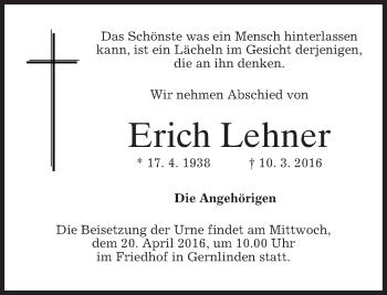 Traueranzeige von Erich Lehner von merkurtz