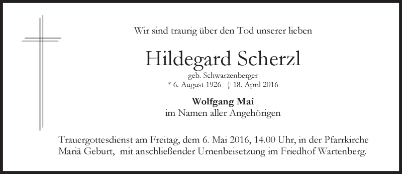 Traueranzeige für Hildegard Scherzl vom 30.04.2016 aus merkurtz