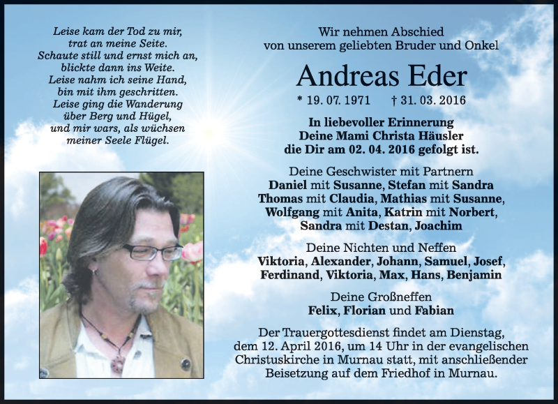  Traueranzeige für Andreas Eder vom 09.04.2016 aus merkurtz