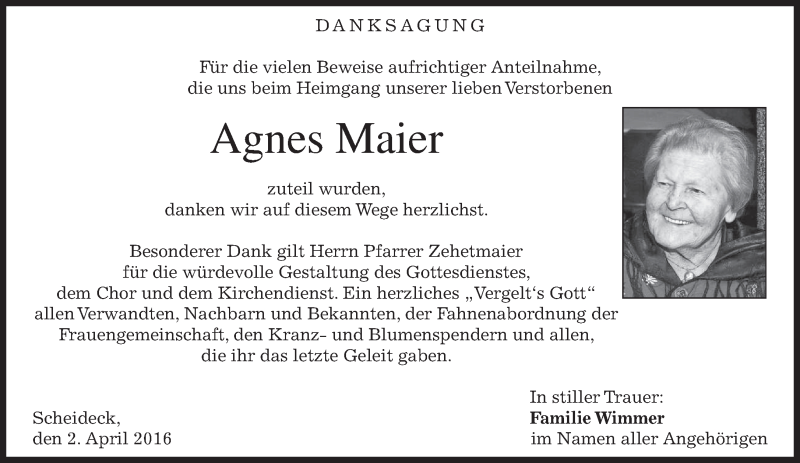  Traueranzeige für Agnes Maier vom 02.04.2016 aus merkurtz