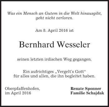 Traueranzeige von Bernhard Wesseler