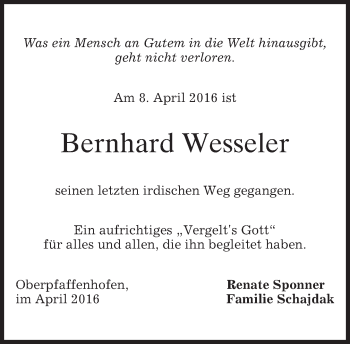 Traueranzeige von Bernhard Wesseler von merkurtz