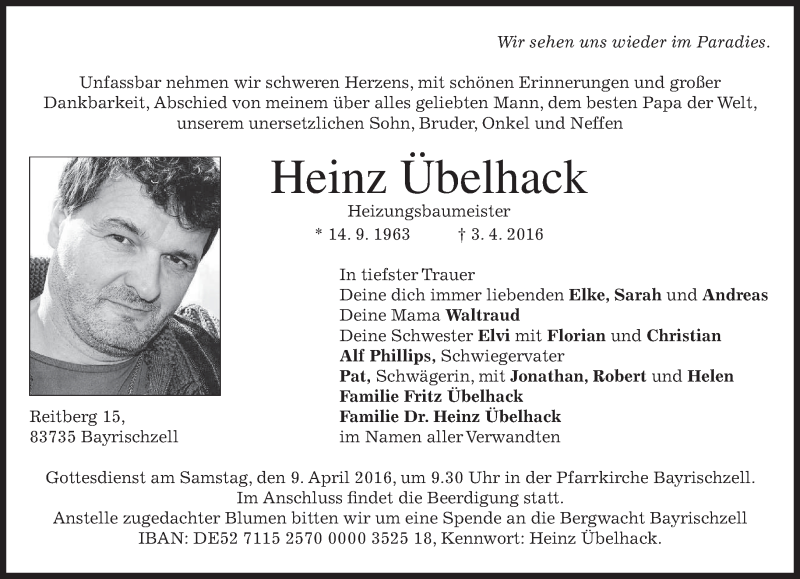 Traueranzeige für Heinz Übelhack vom 07.04.2016 aus merkurtz