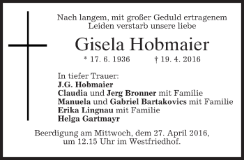 Traueranzeige von Gisela Hobmaier von merkurtz