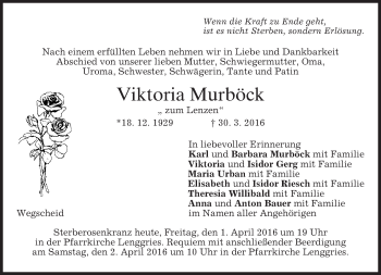 Traueranzeige von Viktoria Murböck von merkurtz