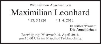 Traueranzeige von Maximilian Leonhard von merkurtz