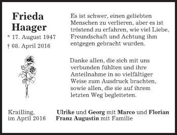 Traueranzeige von Frieda Haager von merkurtz
