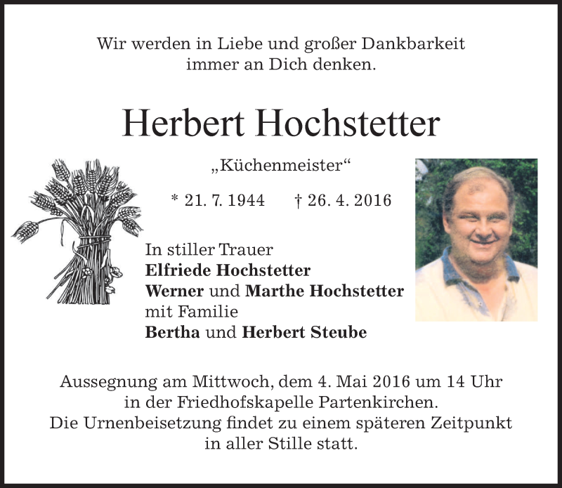  Traueranzeige für Herbert Hochstetter vom 30.04.2016 aus merkurtz