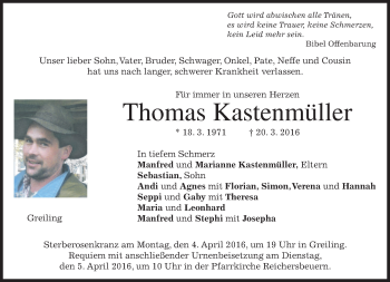 Traueranzeige von Thomas Kastenmüller von merkurtz