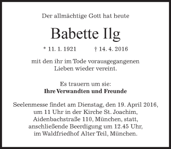 Traueranzeige von Babette Ilg von merkurtz