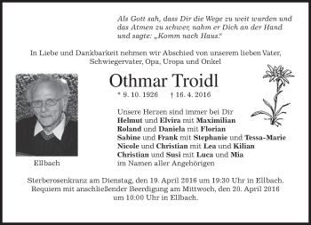 Traueranzeige von Othmar Troidl von merkurtz