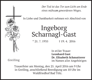 Traueranzeige von Ingeborg Scharnagl-Gast von merkurtz