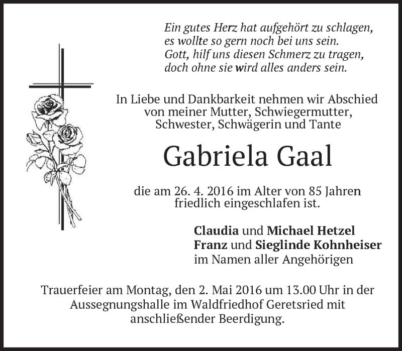  Traueranzeige für Gabriela Gaal vom 29.04.2016 aus merkurtz