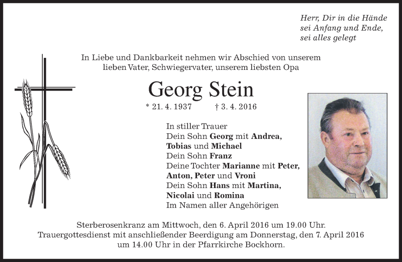  Traueranzeige für Georg Stein vom 05.04.2016 aus merkurtz