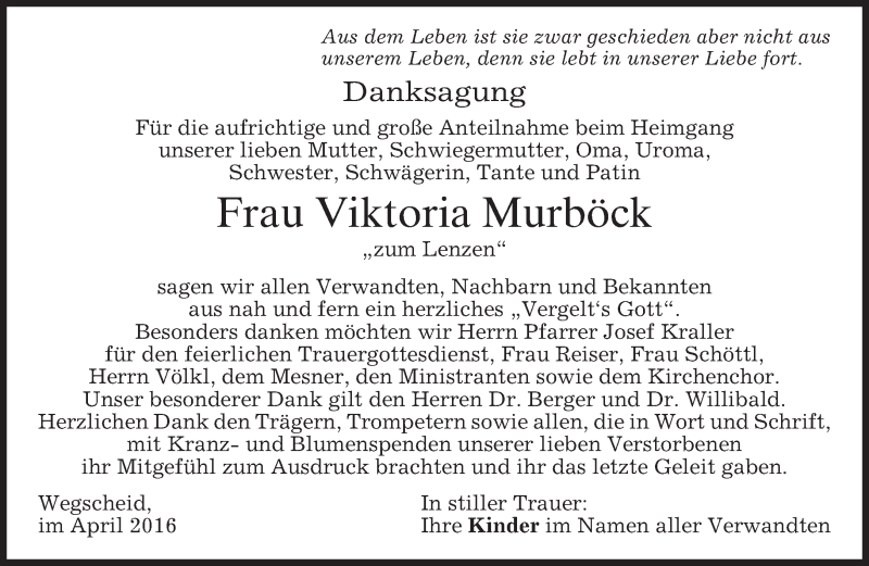  Traueranzeige für Viktoria Murböck vom 09.04.2016 aus Münchener Merkur