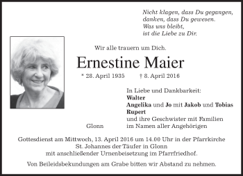 Traueranzeige von Ernestine Maier