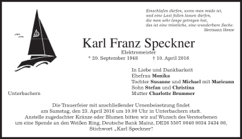 Traueranzeige von Karl Franz Speckner von merkurtz