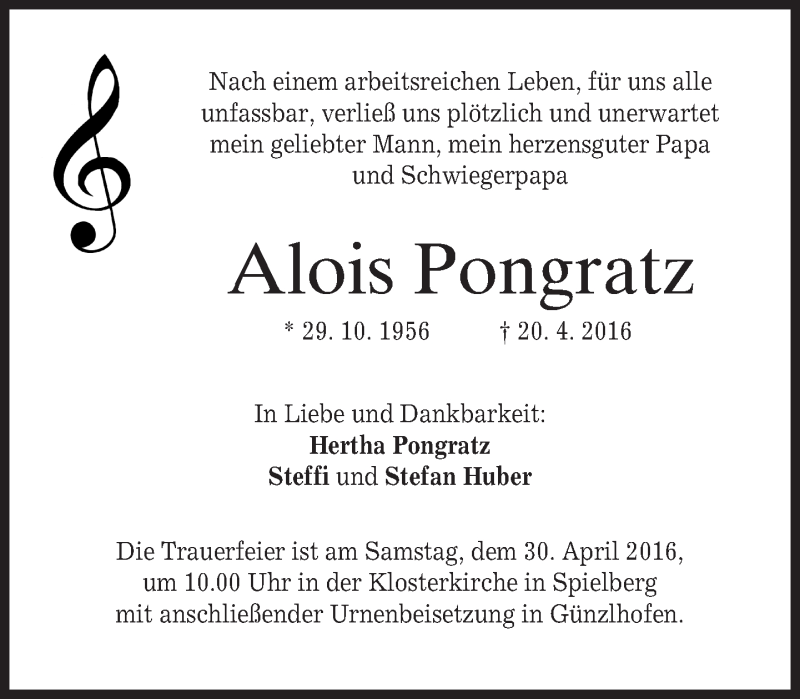 Traueranzeige für Alois Pongratz vom 23.04.2016 aus merkurtz