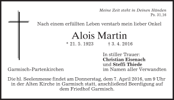 Traueranzeige von Alois Martin von merkurtz