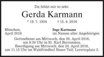 Traueranzeige von Gerda Karmann von merkurtz