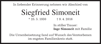 Traueranzeige von Siegfried Simoneit von merkurtz